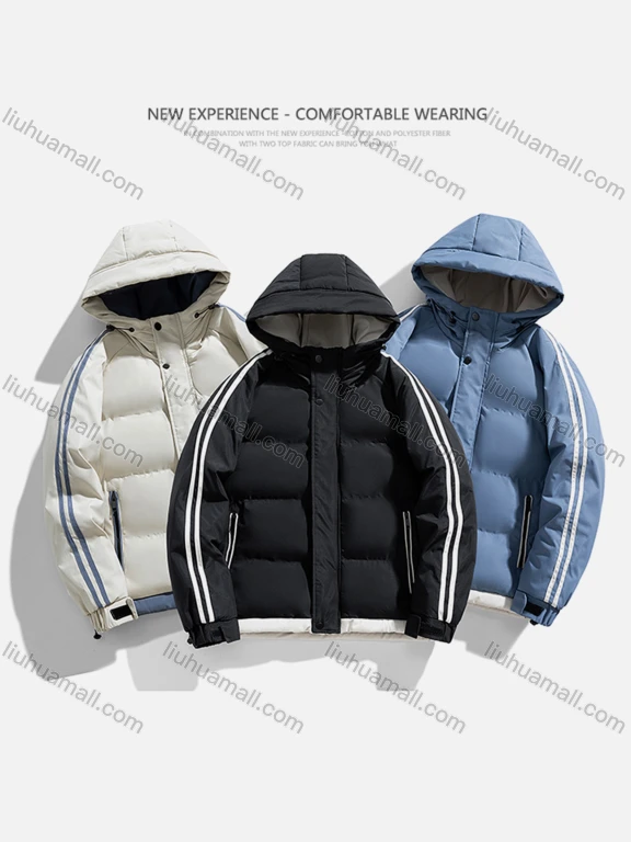 Wholesale Men's Casual Plain Hooded Patch Pocket Striped Trim Zip Up Cotton-Padded Puffer Jacket 8836#
