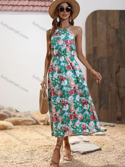 Wholesale Women's Boho Floral Print Spaghetti Strap Midi Halter Dress JJD6170