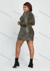 Wholesale Women's Fashion Mock Neck Argyle Sequin Glisten Long Sleeve Bodycon Short Dress - Liuhuamall