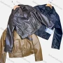 Wholesale Women's Fashion Lapel Zipper Pockets Plain Crop Leather Jacket preview