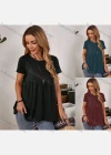 Wholesale Women's Casual Plain Round Neck Short Sleeve Ruched Ruffle Hem Blouse - Liuhuamall