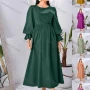 Wholesale Women's Elegant Plain Round Neck Ruffle Trim Long Sleeve Ruffle Hem Midi Dress preview