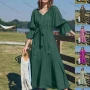 Wholesale Women's Casual Elegant Floral Print 3/4 Sleeve Tassel Ruffle Hem Maxi Dress With Belt preview