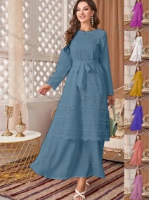 Wholesale Women's Casual Elegant Plain Round Neck Long Sleeve Lace Mesh Layered Ruffle Hem Maxi Dress, LIUHUA CLOTHING WHOLESALE