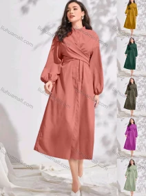 Wholesale Women's Elegant Casual Plain Buttons Front Stand Collar Crossover Long Sleeve Midi Dress With Belt, LIUHUA CLOTHING WHOLESALE