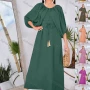 Wholesale Women's Elegant Plain Round Neck Puff Sleeve Ruched Maxi Dress With Tassel Belt preview