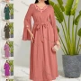 Wholesale Women's Elegant Plain V Neck Long Sleeve 3D Appliques Ruffle Hem Maxi Dress With Belt preview