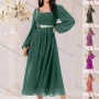 Wholesale Women's Elegant Plain Sequin Square Neck Zip Back Long Sleeve Ruffle Hem Midi Dress preview