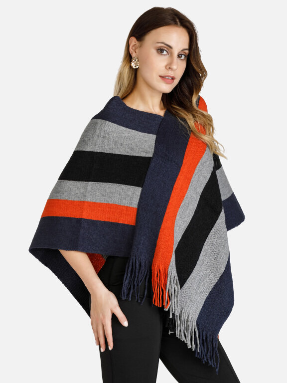 Women's Casual Batwing Sleeve V-Neck Scarf Print Fringe Trim Poncho, Clothing Wholesale Market -LIUHUA, All Categories