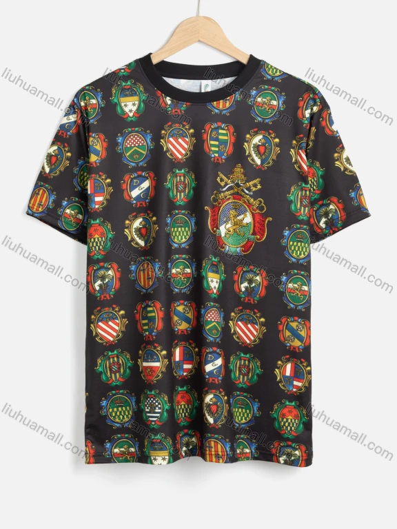 Wholesale Men's Allover Emblem Print Round Neck Short Sleeve Casual T-Shirt 55#