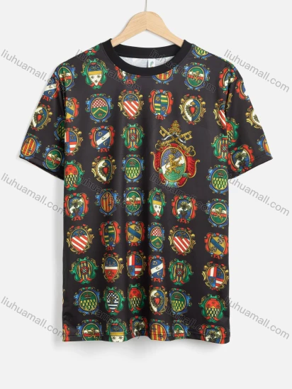 Wholesale Men's Allover Emblem Print Round Neck Short Sleeve Casual T-Shirt 55#