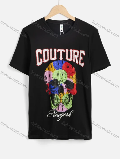 Wholesale Men's Colorful Skull Print Letter Round Neck Short Sleeve Casual T-Shirt 24#