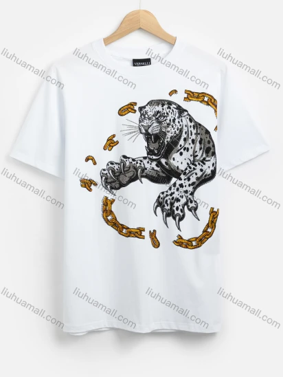 Wholesale Men's Chain Cheetah Print Round Neck Short Sleeve Casual T-Shirt 26#