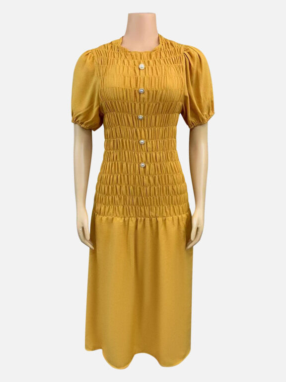 Women's Casual Plain Puff Sleeve Pearl Buttons Decor Shirred Ruffle Hem Midi Dress CY195#, Clothing Wholesale Market -LIUHUA, Women, Dress, Sweater-Dress