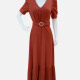 Women's Elegant Plain V Neck Puff Sleeve Maxi Dress With Belt CY201# Rust Orange Clothing Wholesale Market -LIUHUA