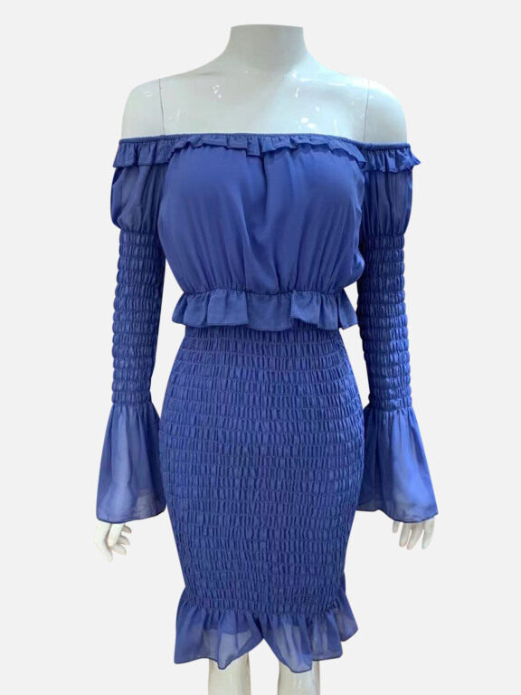 Women's Plain Chiffon Ruffle Trim Shirred Long Sleeve Off Shoulder Bodycon Cocktail Dress CY217#, Clothing Wholesale Market -LIUHUA, Women, Dress, Sweater-Dress