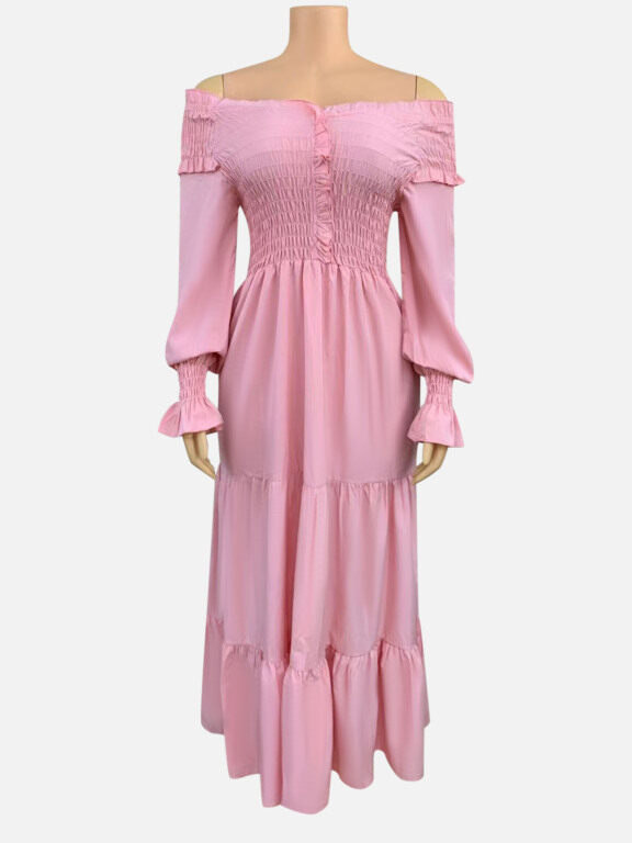 Women's Elegant Off Shoulder Ruffle Trim Shirred Bishop Sleeve Ruffle Hem Maxi Dress CY150#, Clothing Wholesale Market -LIUHUA, Women, Dress