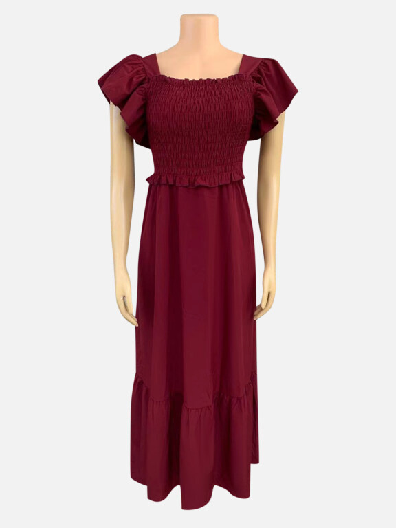 Women's Elegant Ruffle Trim Short Sleeve Shirred Maxi Dress CY151#, Clothing Wholesale Market -LIUHUA, Women, Women-s-Outerwear, Cape-Poncho