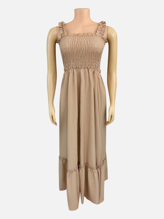 Women's Casual Ruffle Trim Shirred Plain Ruffle Hem Maxi Cami Dress CY152#, Clothing Wholesale Market -LIUHUA, Women, Dress, Sweater-Dress