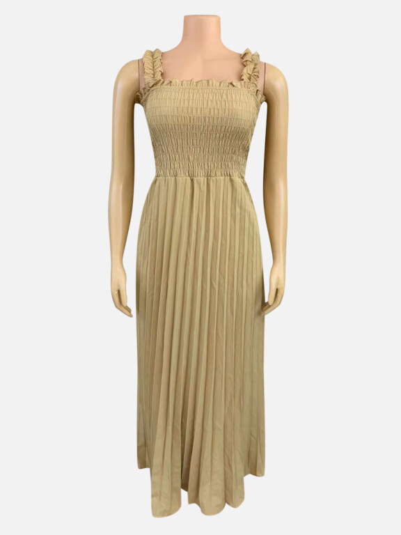 Women's Casual Ruffle Trim Shirred Plain Pleated Maxi Cami Dress CY153#, Clothing Wholesale Market -LIUHUA, Women, Dress