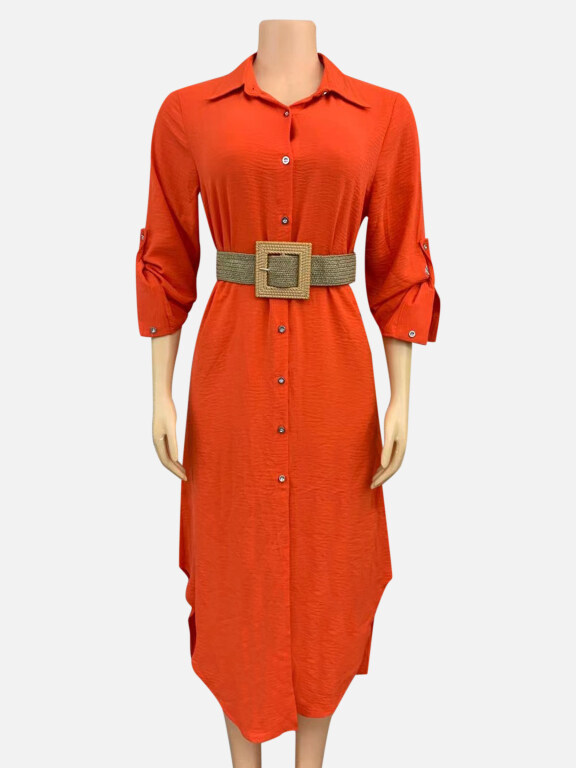 Women's Casual Plain Collared Buttons Down Long Sleeve Asymmetrical Hem Midi Shirt Dress With Belt CY155#, Clothing Wholesale Market -LIUHUA, Women, Women-s-Outerwear, Cape-Poncho