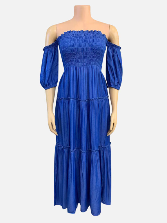 Women's Elegant Plain Ruffle Trim Off Shoulder Shirred Ruffle Hem Maxi Dress CY163#, Clothing Wholesale Market -LIUHUA, Women, Dress, Sweater-Dress