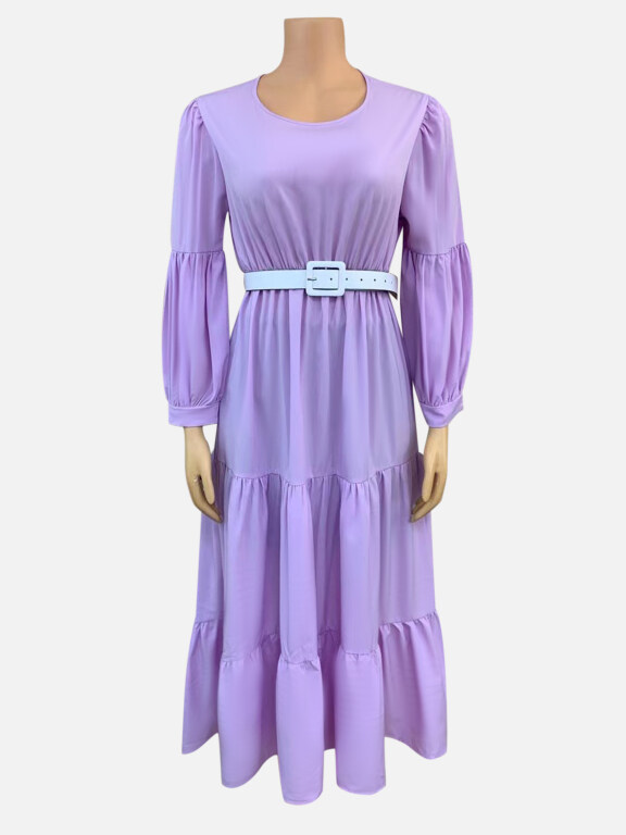 Women's Casual Plain Round Neck Long Sleeve Ruffle Hem Maxi Dress With Belt CY165#, Clothing Wholesale Market -LIUHUA, Women, Women-s-Outerwear, Cape-Poncho