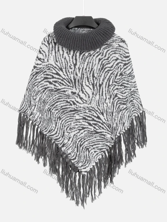 Wholesale Women's V Neck Plain Knitted Tassel Fringe Trim Zebra Stripe Print Poncho 80071#