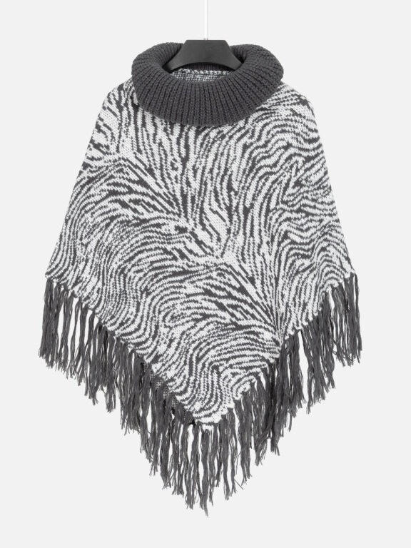 Women's V Neck Plain Knitted Tassel Fringe Trim Zebra Stripe Print Poncho 80071#, LIUHUA Clothing Online Wholesale Market, All Categories