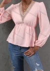 Wholesale Women's Casual Plain V Neck Lace Trim Long Sleeve Blouse - Liuhuamall
