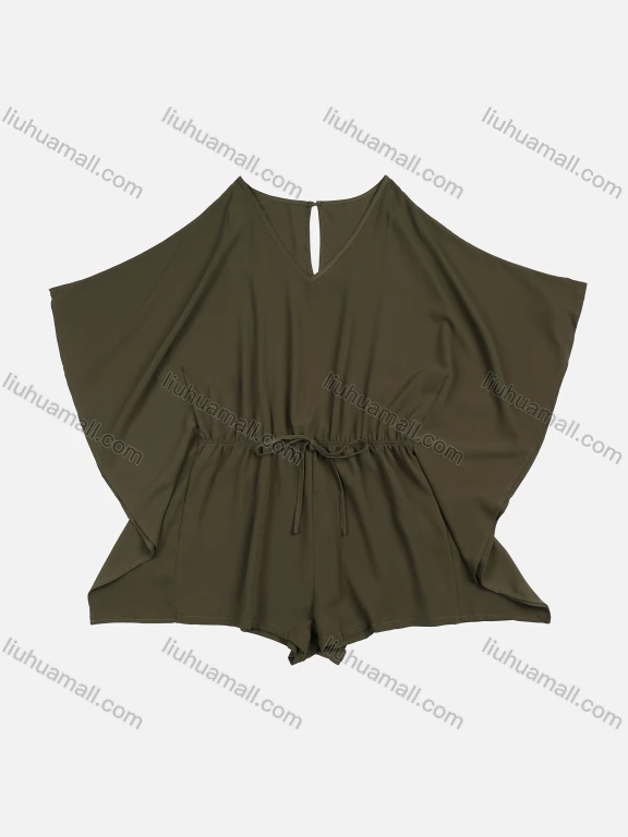 Wholesale Women's Casual Plain High Waist Drawstring Bat Wings Sleeve Romper