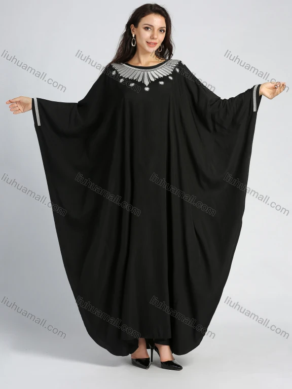 Wholesale Women's Islamic Muslim Plain Bateau Neck Embroidery Batwing Sleeve Robe Maxi Dress