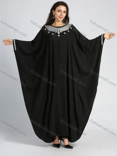 Wholesale Women's Islamic Muslim Plain Bateau Neck Embroidery Batwing Sleeve Robe Maxi Dress