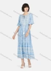 Wholesale Women's Boho Short Sleeve Tie Front Drawstring Ruffle Hem Retro Print Midi Dress - Liuhuamall