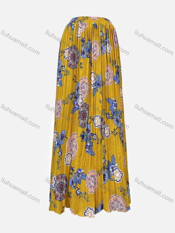 Wholesale Women's Boho Elastic Waist Folkloric Pleated Maxi Skirt