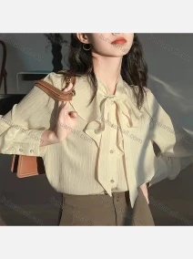 Wholesale Women's Bow Tie Neck Lantern Sleeve Button Down Plain Blouse AY127#, LIUHUA CLOTHING WHOLESALE
