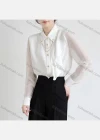 Wholesale Women's Casual Collared Sheer Long Sleeve Chain Decor Ruffle Trim Button Down Plain Shirt 066274# - Liuhuamall