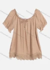 Wholesale Women's Casual Crew Neck Ruffle Sleeve Lace Up Guipure Lace Blouse RL-06# - Liuhuamall