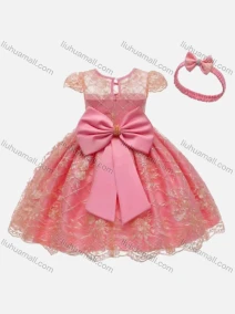 Wholesale Girls Lovely Lace Cap Sleeve Bow-knot Appliques Mesh Flower Girl Dress Wtih Bow Headband, LIUHUA CLOTHING WHOLESALE