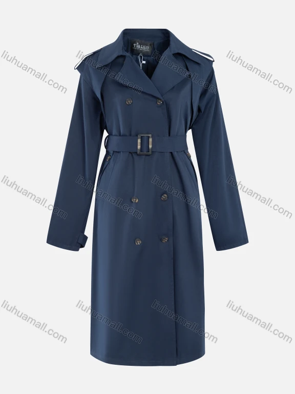 Wholesale Women's Casual Plain Lapel Double Breasted Long Sleeve Long Trench Coat With Belt