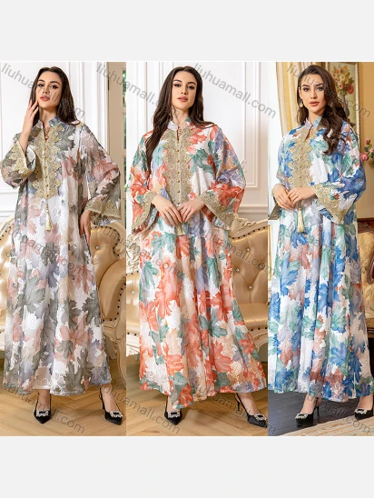 Wholesale Women's Elegant Muslim Allover Leaf Print Tassel Notched Collar Button Front Long Sleeve Dubai Abaya Dress