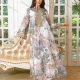 Wholesale Women's Elegant Muslim Allover Leaf Print Tassel Notched Collar Button Front Long Sleeve Dubai Abaya Dress Gray Clothing Wholesale Market Liuhua
