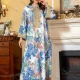 Wholesale Women's Elegant Muslim Allover Leaf Print Tassel Notched Collar Button Front Long Sleeve Dubai Abaya Dress Blue Clothing Wholesale Market Liuhua