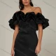 Wholesale Women's Glamorous Plain Stringy Selvedge Split Hem Off Shoulder High Waist Short Dress Black Clothing Wholesale Market Liuhua