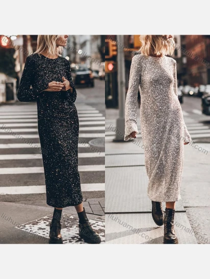 Wholesale Women's Street Plain Sequin Cut Out Back Crew Neck Long Sleeve Midi Dress