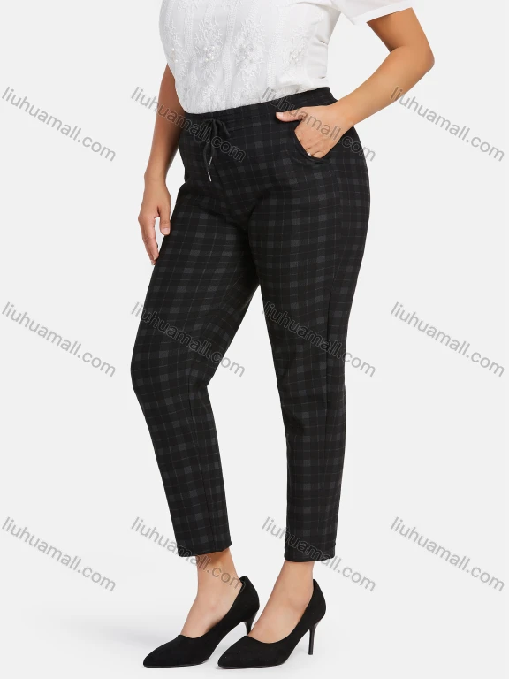 Wholesale Women's Casual Plus Size High Elastic Plaid Print Stright Leg Pants With Drawstring 33107#