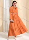 Wholesale Women's Casual Plain Tie Neck Ruched Long Sleeve Maxi Dress With Belt - Liuhuamall