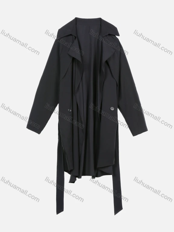 Wholesale Women's Casual Plain Lapel Belted Asymmetrical Hem Trench Coat