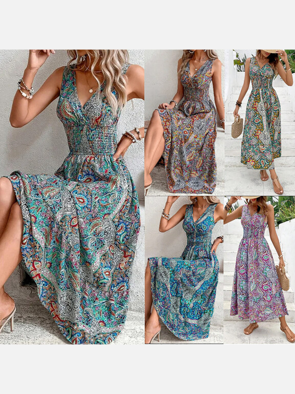 Women's Vacation Allover Bohemian Print Sleeveless Wrap V Neck Shirred Midi Dress, Clothing Wholesale Market -LIUHUA, WOMEN