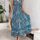 Women's Vacation Allover Bohemian Print Sleeveless Wrap V Neck Shirred Midi Dress Blue Clothing Wholesale Market -LIUHUA